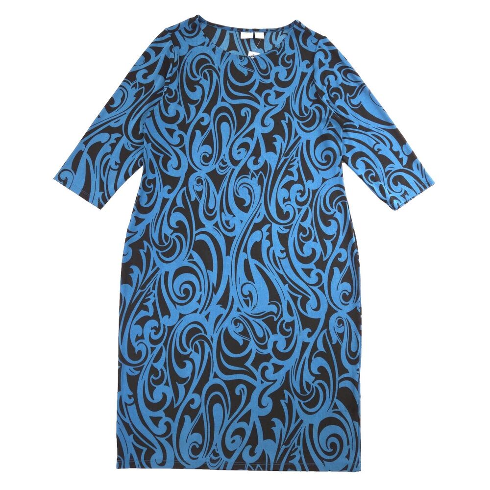 Chicos Travelers Printed Dress Blue 3 16/18 Slinky Artsy Boho Resort Retro Mod